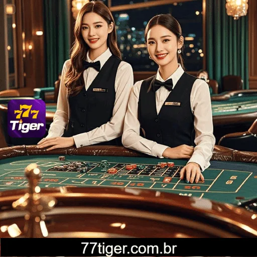 Imagem mostrando o cassino ao vivo da 777Tiger com dealers reais conduzindo jogos de mesa